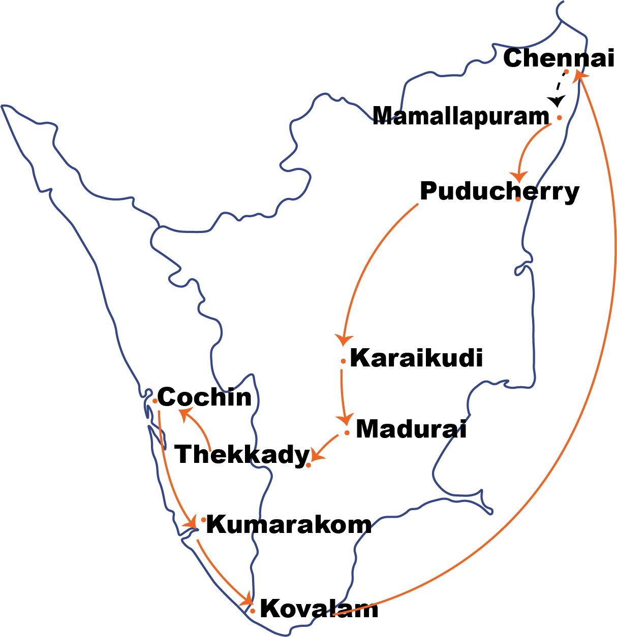 Route map of Classic South India