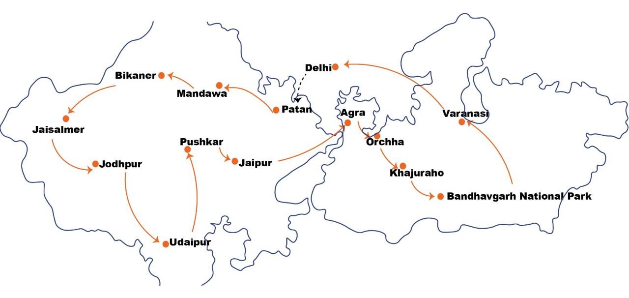 Route map of Epic North & Central India