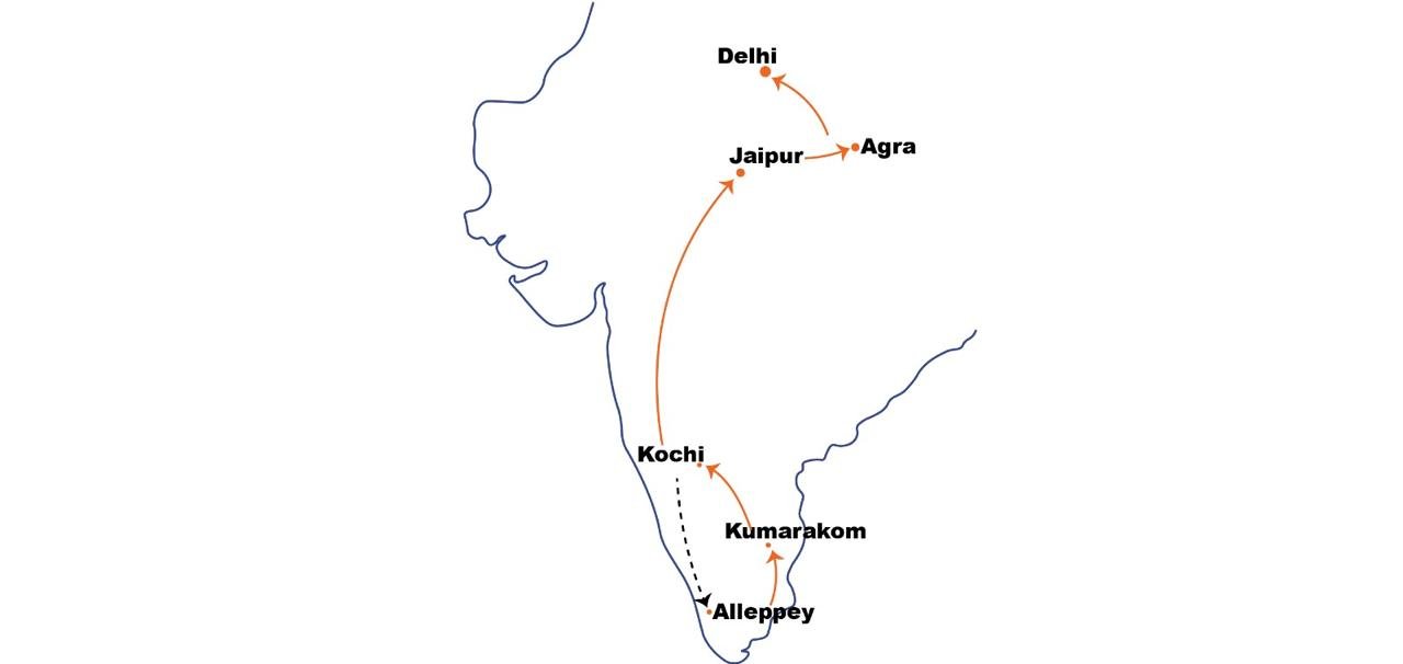 Route map of Golden Triangle with Kerala