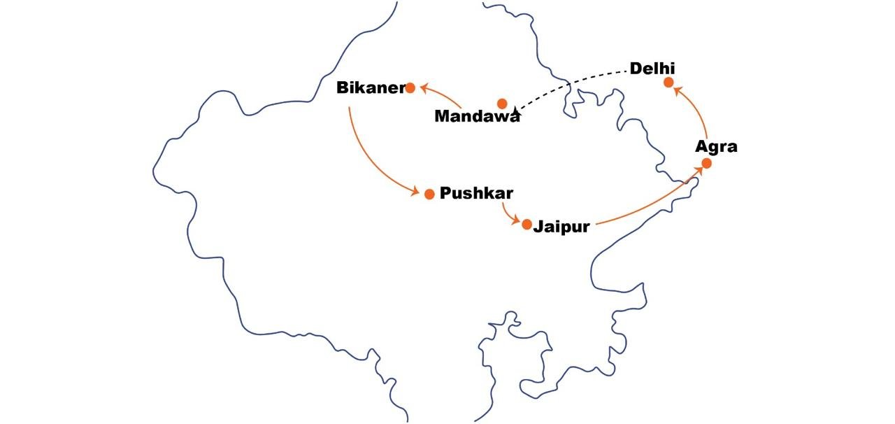 Route map of Golden Triangle with Rajasthan