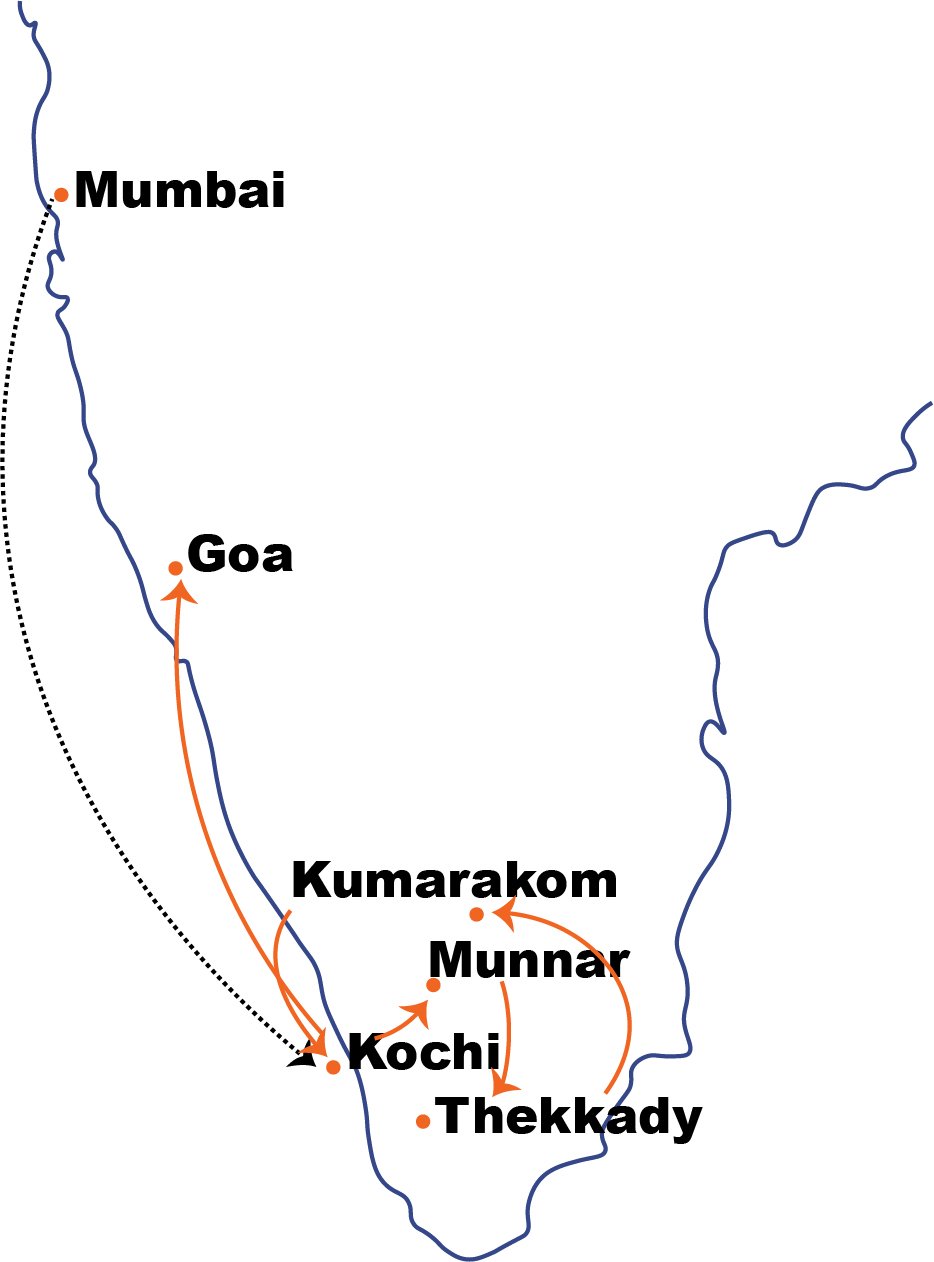 Route map of Kerala with Goa & Mumbai