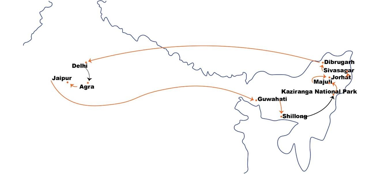 Route map of North East India with Taj Mahal