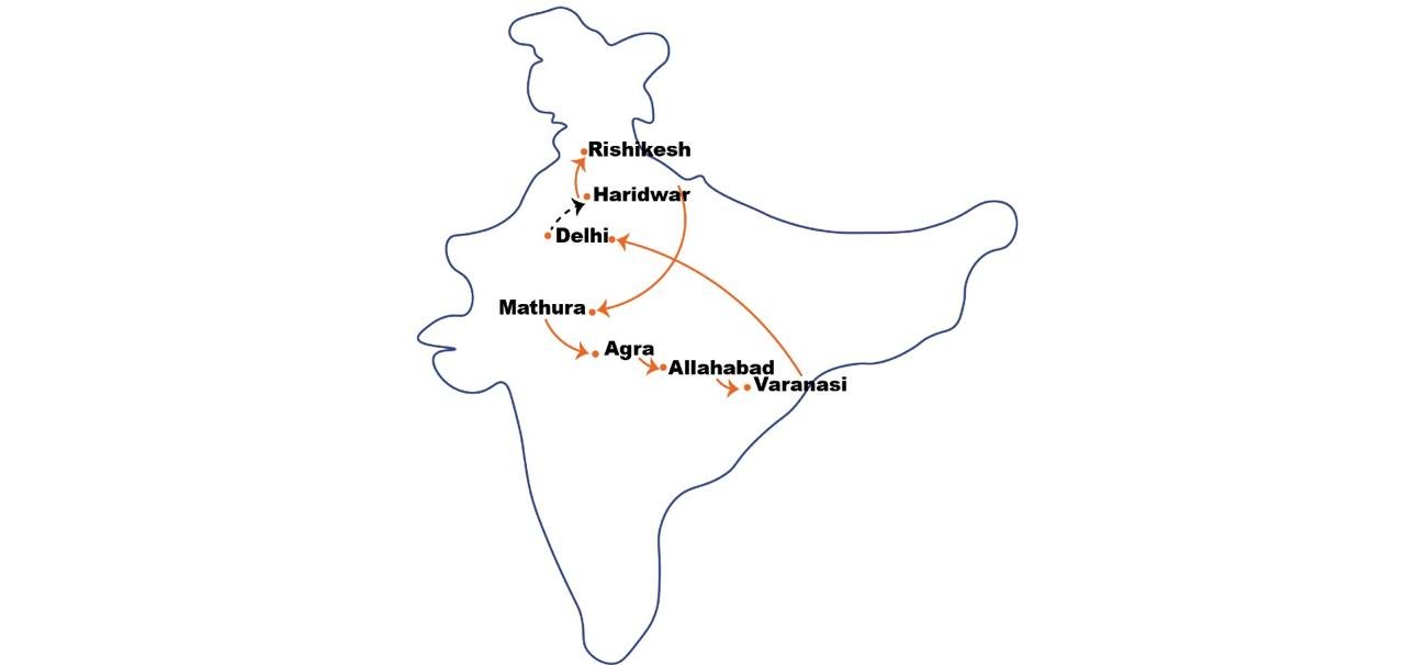 Route map of North India Temples with Taj Mahal