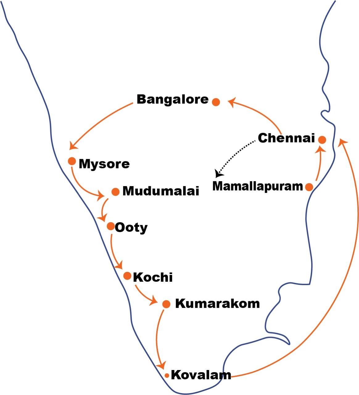 Route map of South India Bliss